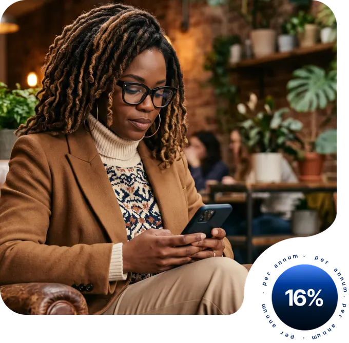 Woman looking at phone while saving